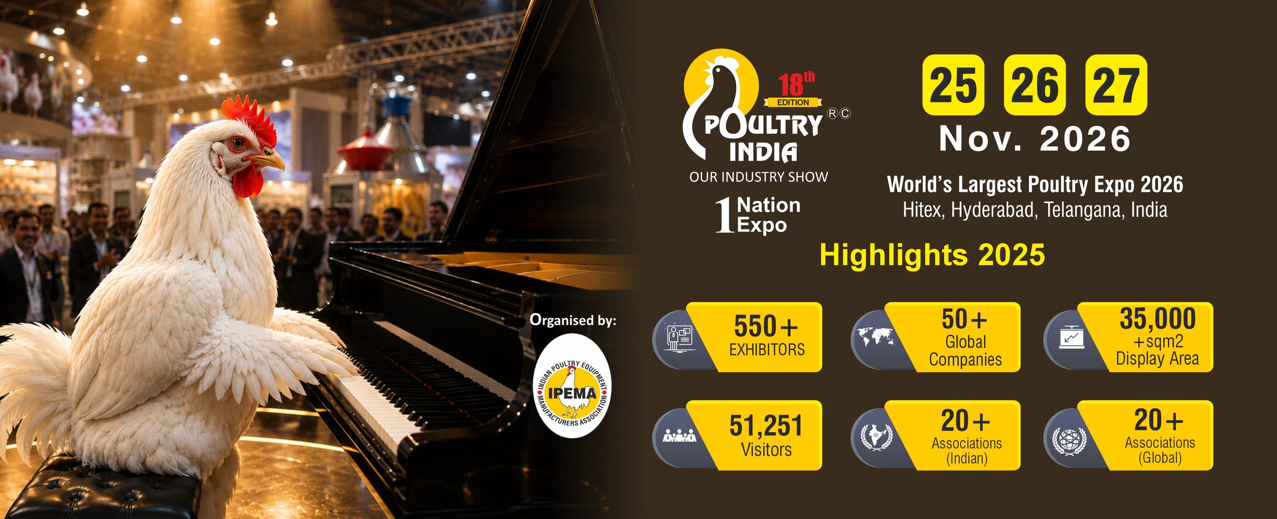 18th Poultry India Expo 2026 — Highlights 2025: 550+ exhibitors, 51,251 visitors, 35,000+ sqm display area